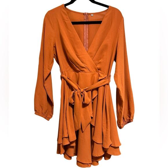 Women's Dress Deep V-Neck Long Sleeve Waist Tie Ruffle Mini Swing Skater Dress - Picture 5 of 6